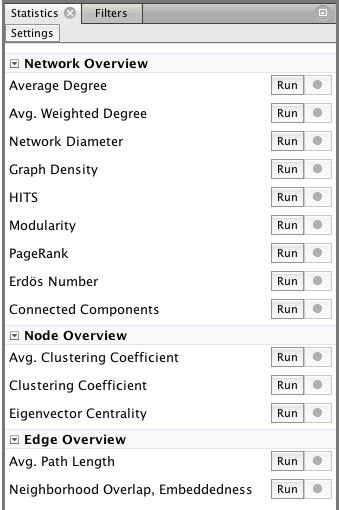 gephi statistics tab